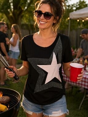 Hilary Radley Black Top / White Star Stud Detail. Front/Back Graphics. Ladies M